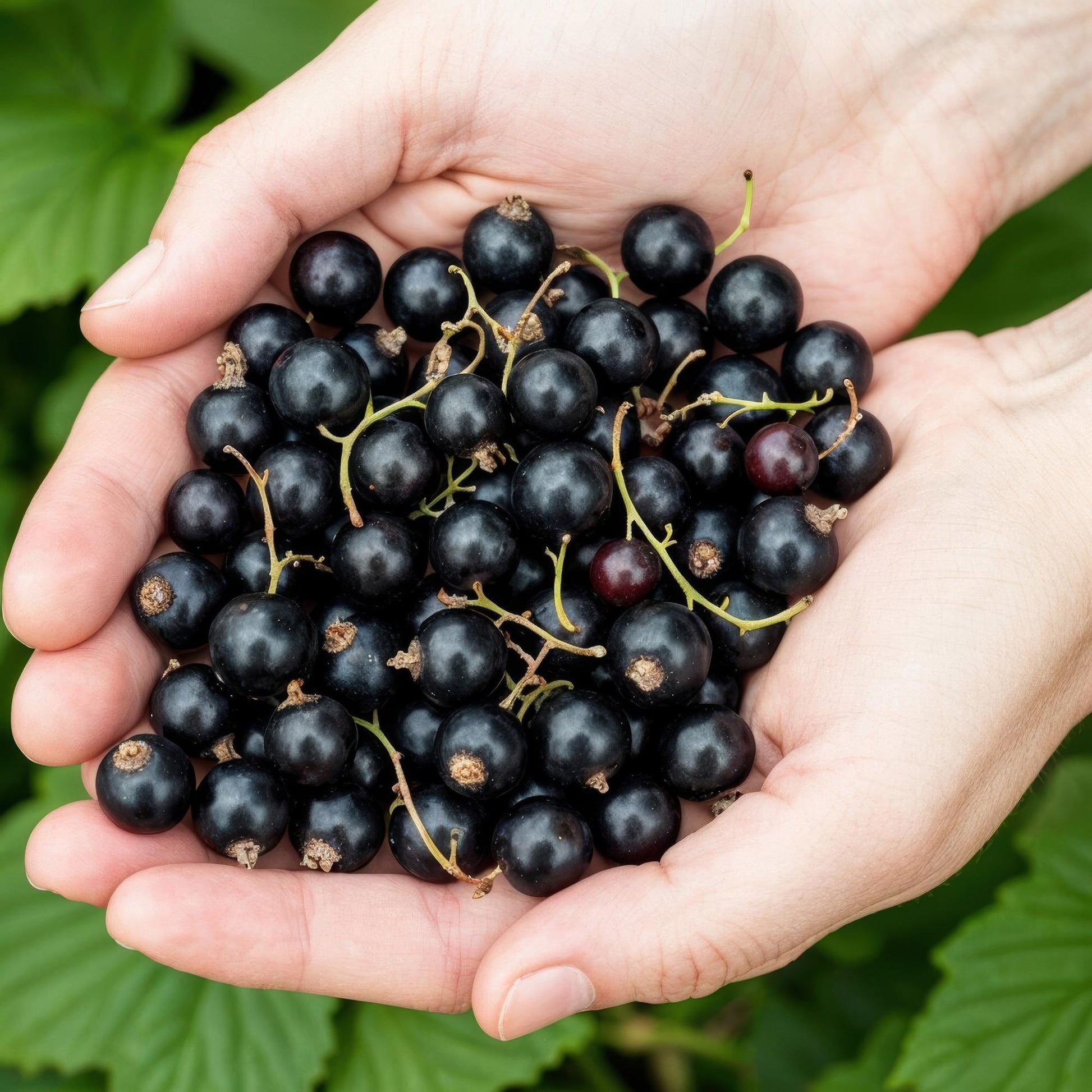 Cassis Titania : deux mains jointes tenant une récolte abondante de baies de cassis mûres, noires et juteuses.