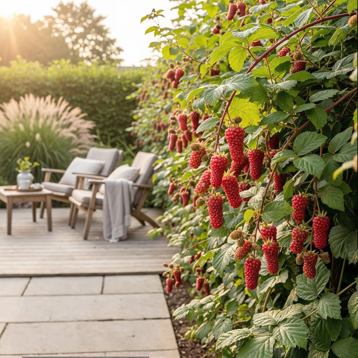 Rubus Tayberry mûr, avec de nombreuses baies rouges pendantes, formant une haie fruitière devant une terrasse en bois avec des chaises longu