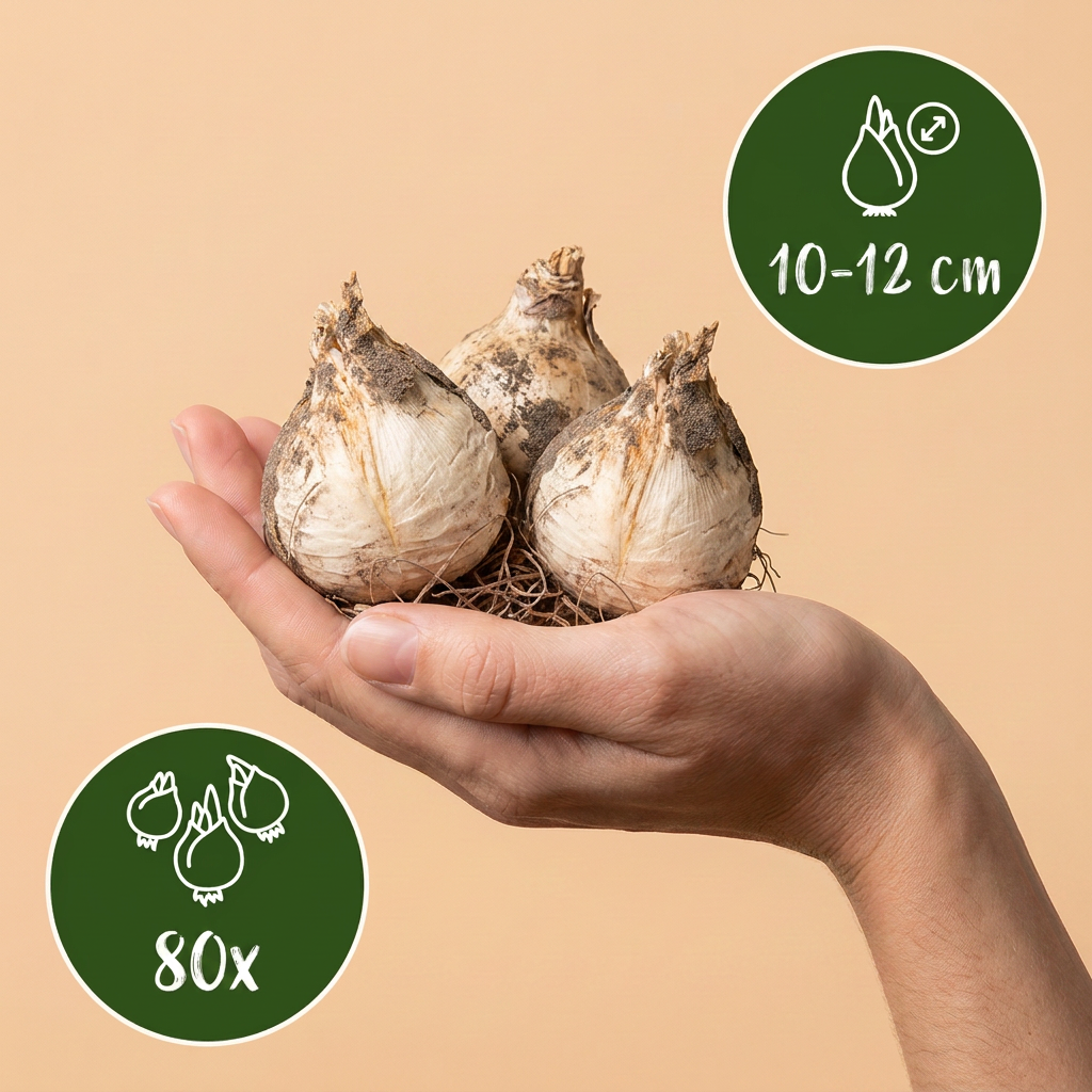 Bulbes d'Ail de Sicile tenus dans une main, calibre 10-12 cm, lot de 80 bulbes.