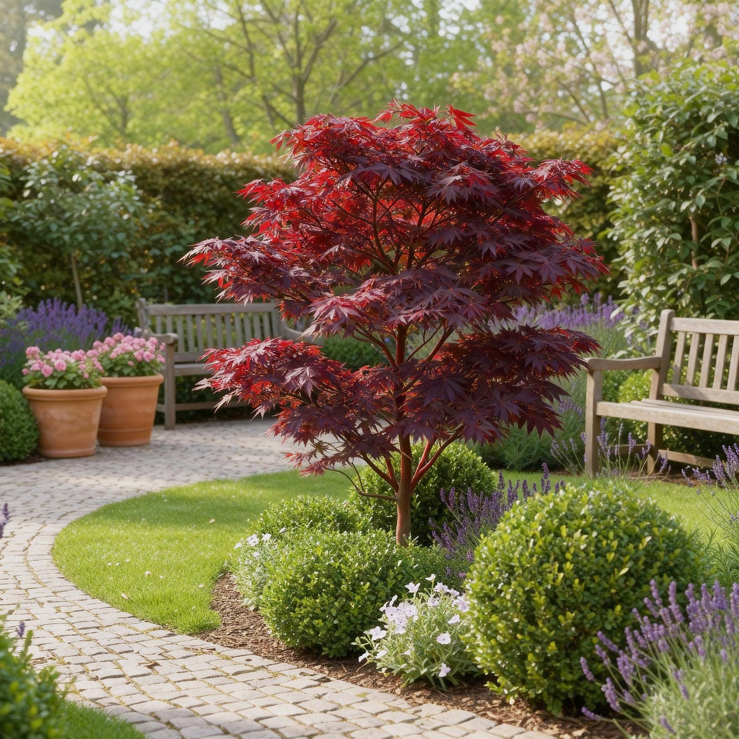 Acer palmatum Atropurpureum, érable japonais aux feuilles rouge vif, planté dans un jardin avec un chemin en pavés et des bancs en bois.