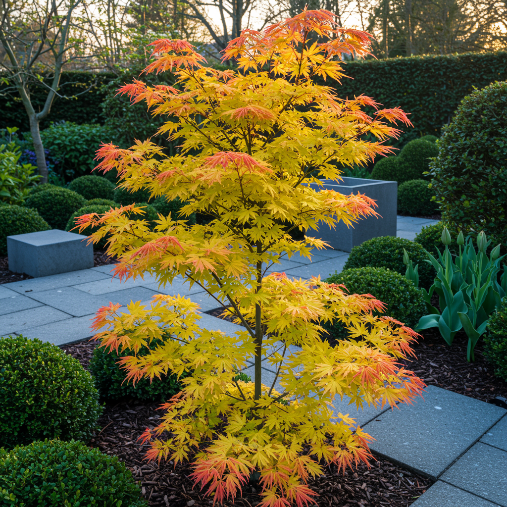 Érable japonais Acer palmatum Orange Dream, arbre de terrasse aux feuilles jaune vif et bordures orangées, dans un jardin moderne.