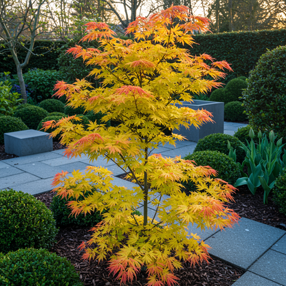 Érable japonais Acer palmatum Orange Dream, arbre de terrasse aux feuilles jaune vif et bordures orangées, dans un jardin moderne.