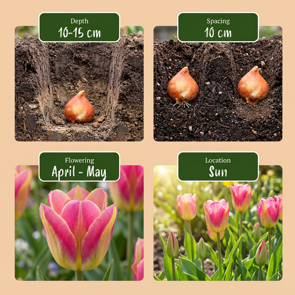 Guide de plantation des bulbes de Tulipe 'Striped Crown' avec profondeur, espacement, floraison et exposition.