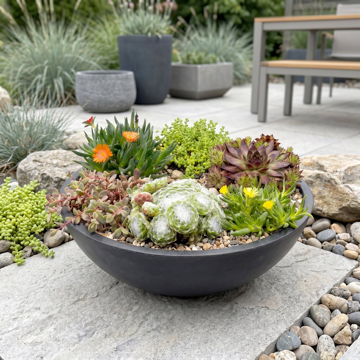 mélange de plantes de rocaille et autres succulentes dans une jardinière grise sur une terrasse, ajoutant une touche de verdure. Idéal pour votre jardin.