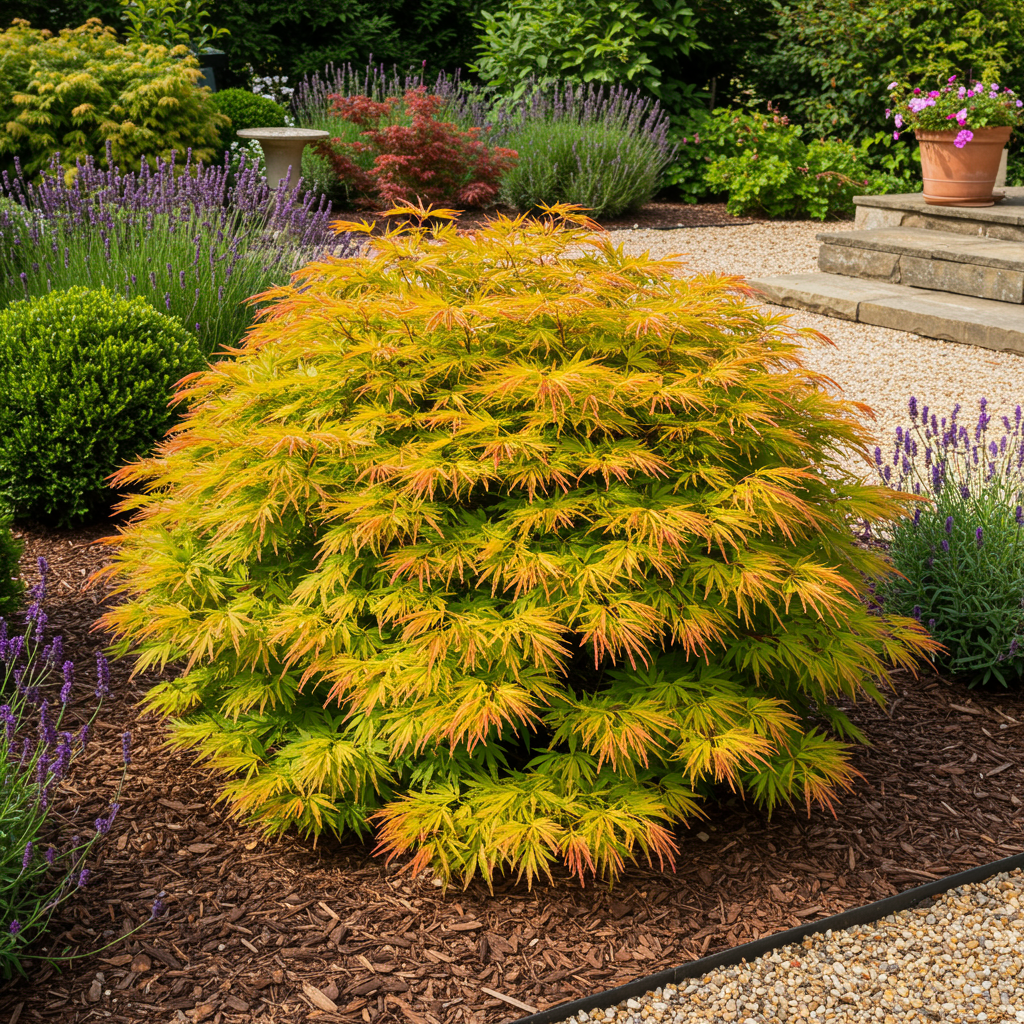 Érable japonais Acer palmatum Summergold jaune en pleine terre dans un jardin, avec un chemin de graviers et de la lavande en arrière-plan.