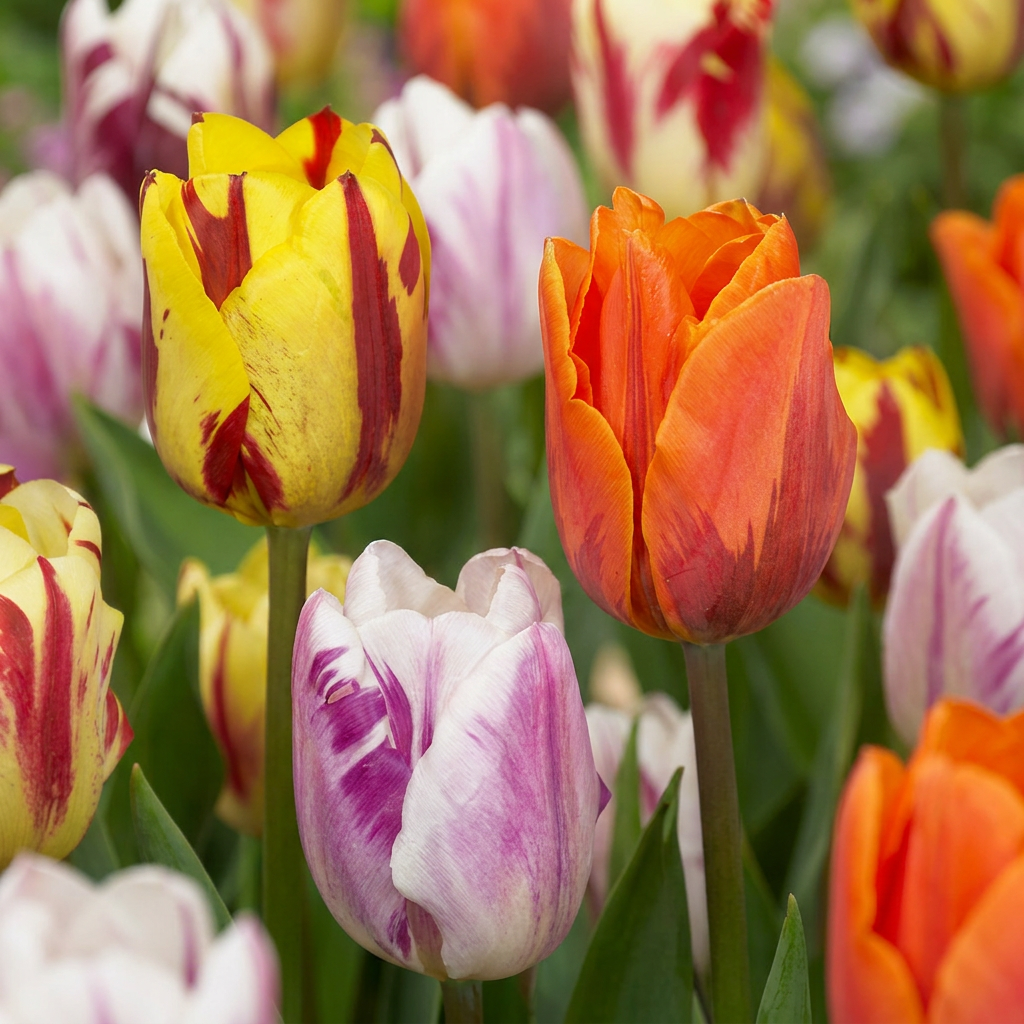 Tulipes 'Flaming Beauty' en mélange avec des fleurs jaunes marbrées de rouge, orange et violettes marbrées de blanc.