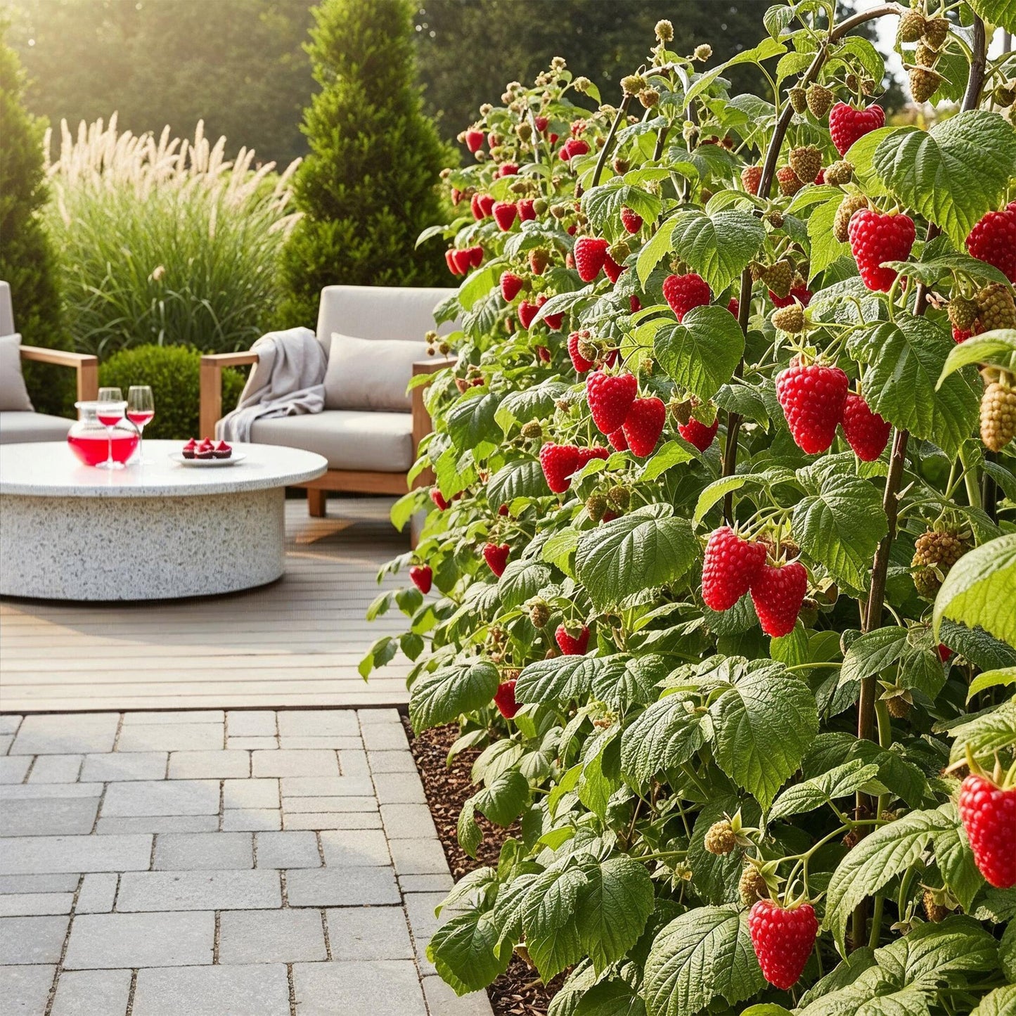 Framboisier Rubus idaeus Heritage planté le long d'une terrasse en bois avec salon de jardin, chargé de framboises rouges mûres.
