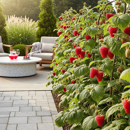 Framboisier Rubus idaeus Heritage planté le long d'une terrasse en bois avec salon de jardin, chargé de framboises rouges mûres.