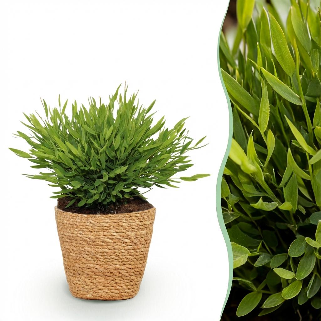 Bamusa Pogonatherum Monica plante d'intérieur en pot 12cm avec cache-pot blanc, bambou miniature pet-friendly