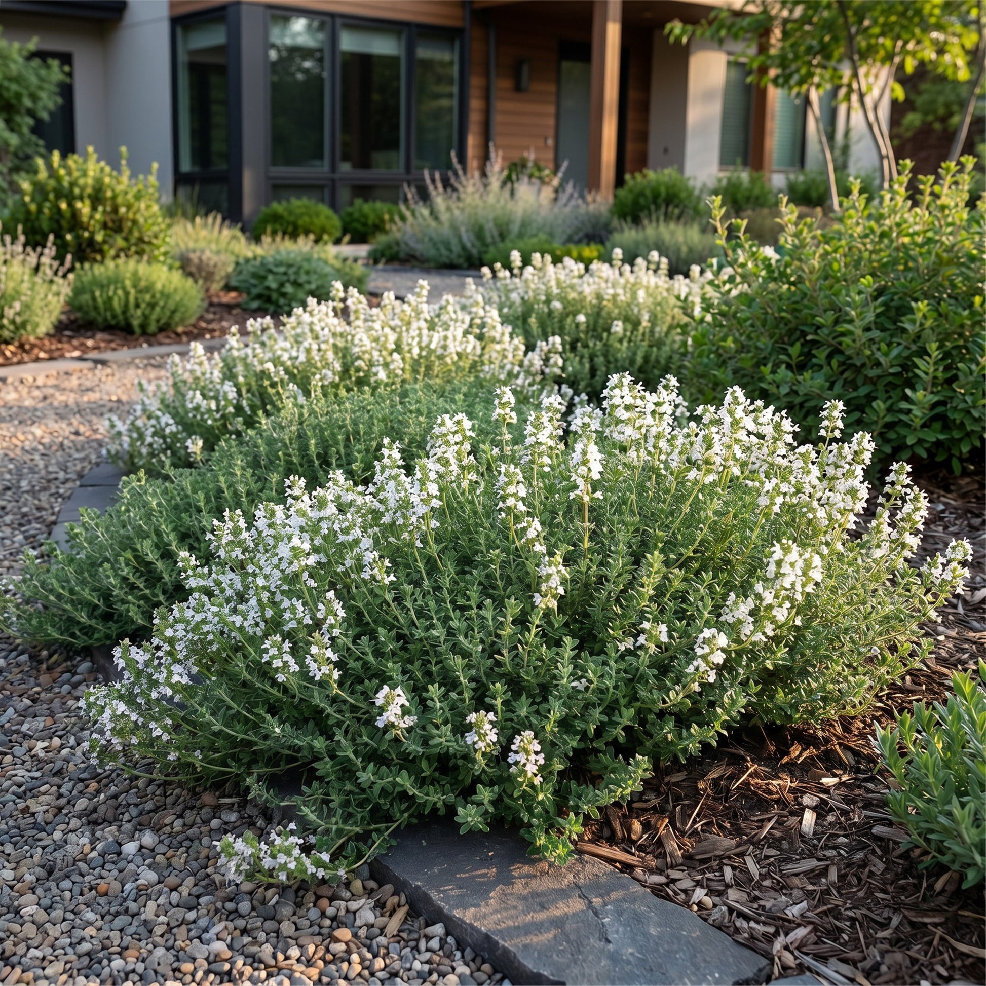 Thymus praecox Albiflorus en pleine floraison dans un jardin, avec ses petites fleurs blanches et son feuillage vert dense, poussant près d'