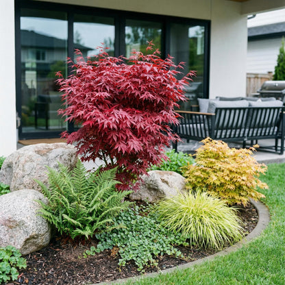 Érable japonais Acer palmatum Skeeters Broom avec feuillage rouge vif, au milieu d'un aménagement paysager de jardin moderne.