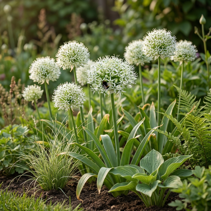 Massif d'ail d'ornement 'Mount Everest' en fleurs, avec une abeille butinant une fleur.
