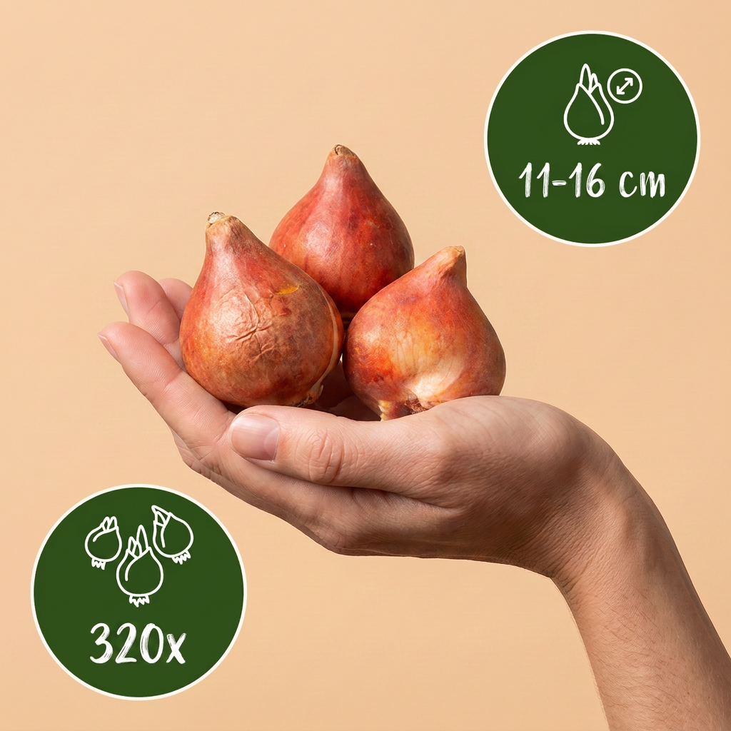 Bulbes de Tulipe 'Prince' en mélange tenus dans une main, calibre 11-16 cm, lot de 320 bulbes.