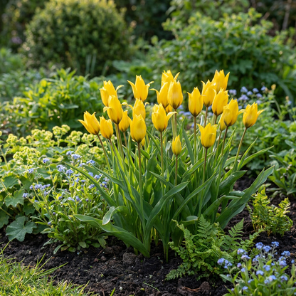 Massif de tulipes des bois aux fleurs jaunes éclatantes dans un jardin verdoyant.