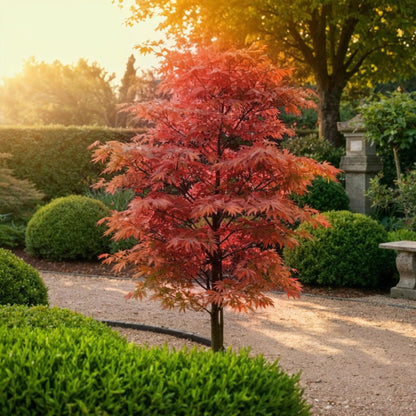 Acer palmatum Beni-maiko rouge, un érable japonais éclatant, mis en scène dans un jardin paysager au soleil couchant.