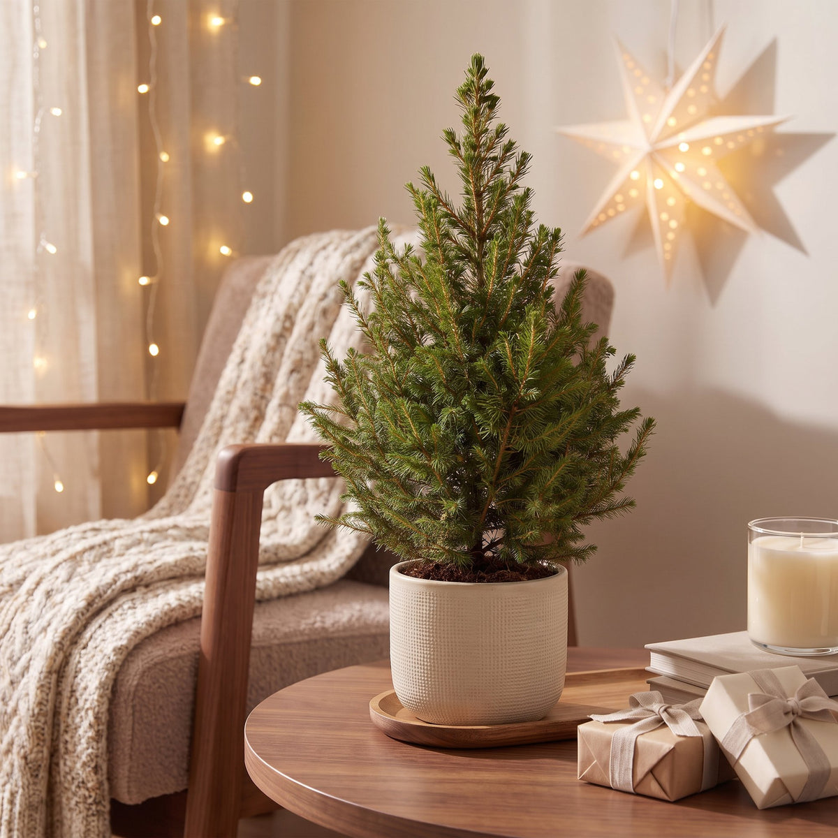 Épicéa de l'Alberta Picea glauca 'Conica' en pot, sapin de Noël vivant vert à silhouette conique