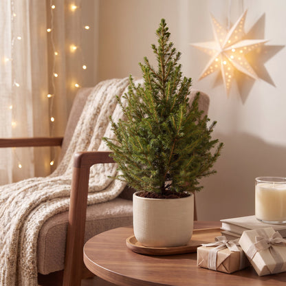 Épicéa de l'Alberta Picea glauca 'Conica' en pot, sapin de Noël vivant vert à silhouette conique