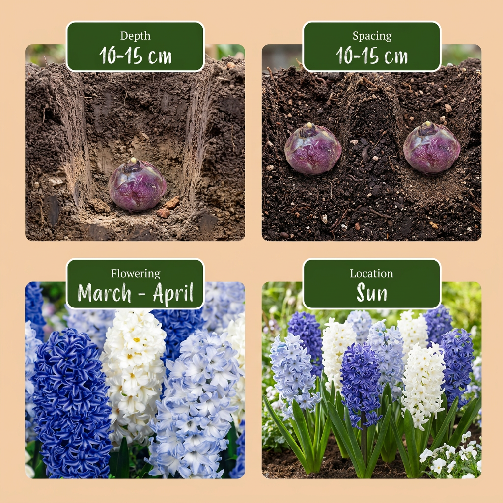 Guide de plantation des bulbes de jacinthe bleue en mélange : profondeur, espacement, floraison et exposition.