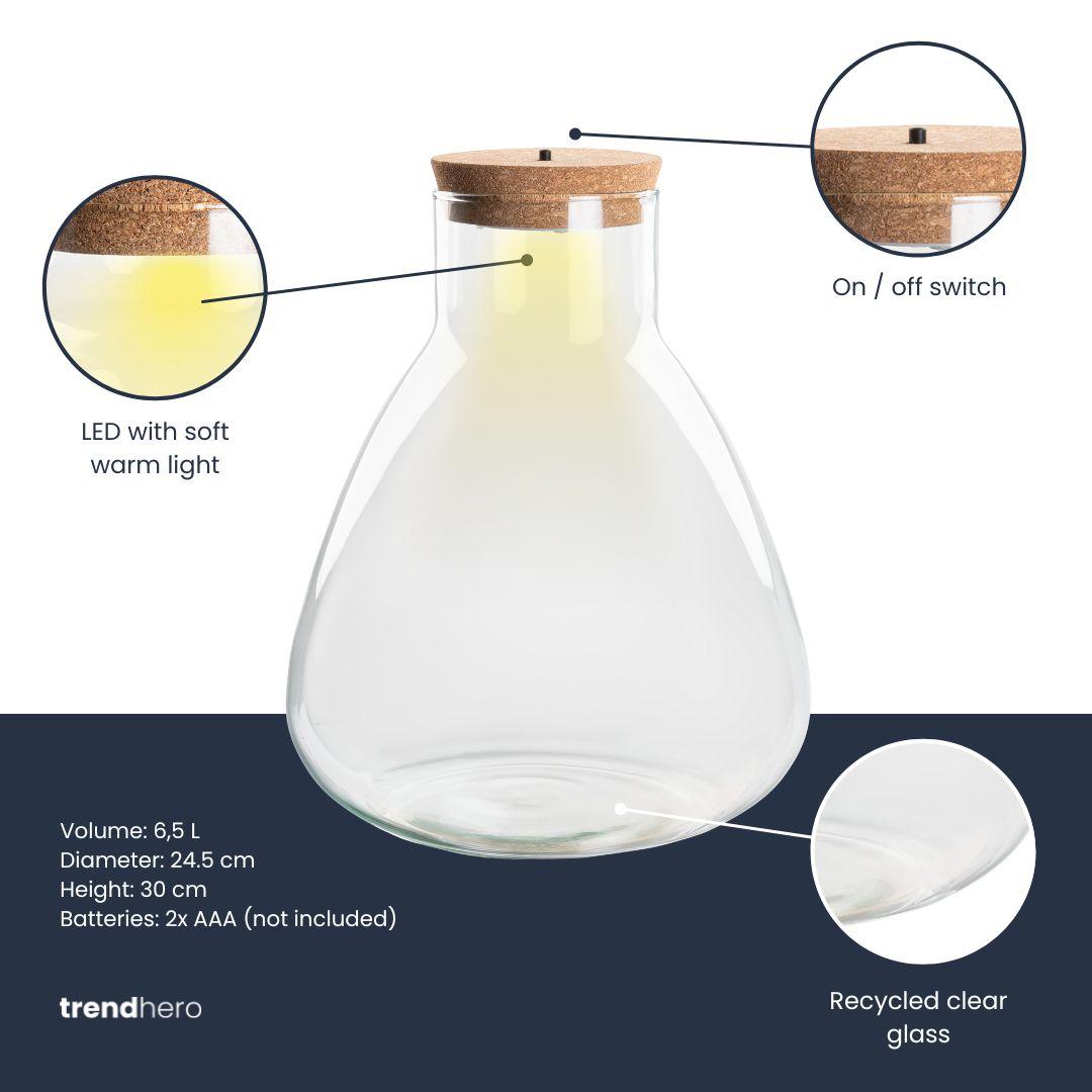 Bouteille terrarium Erlenmeyer en verre recyclé avec bouchon LED, 2 tailles