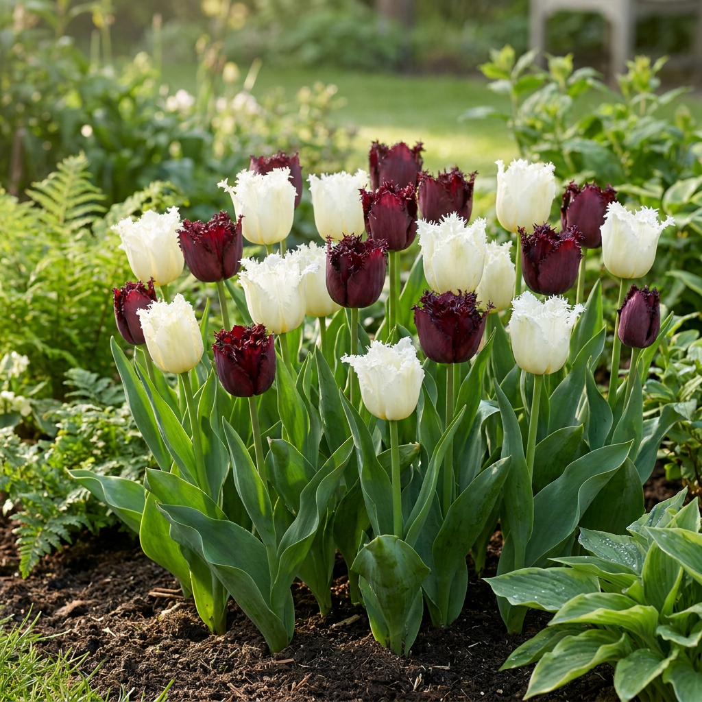 Massif de tulipes 'Breakdance' bicolores, avec des fleurs blanches à bords frangés et des fleurs pourpres sombres.