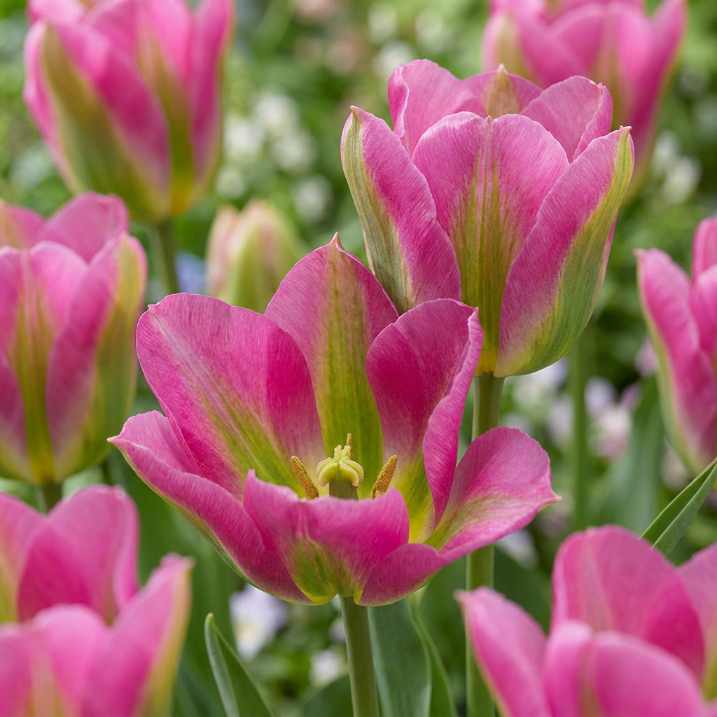 Magnifiques tulipes 'Strawberry Lemonade' aux pétales roses et rayures vertes