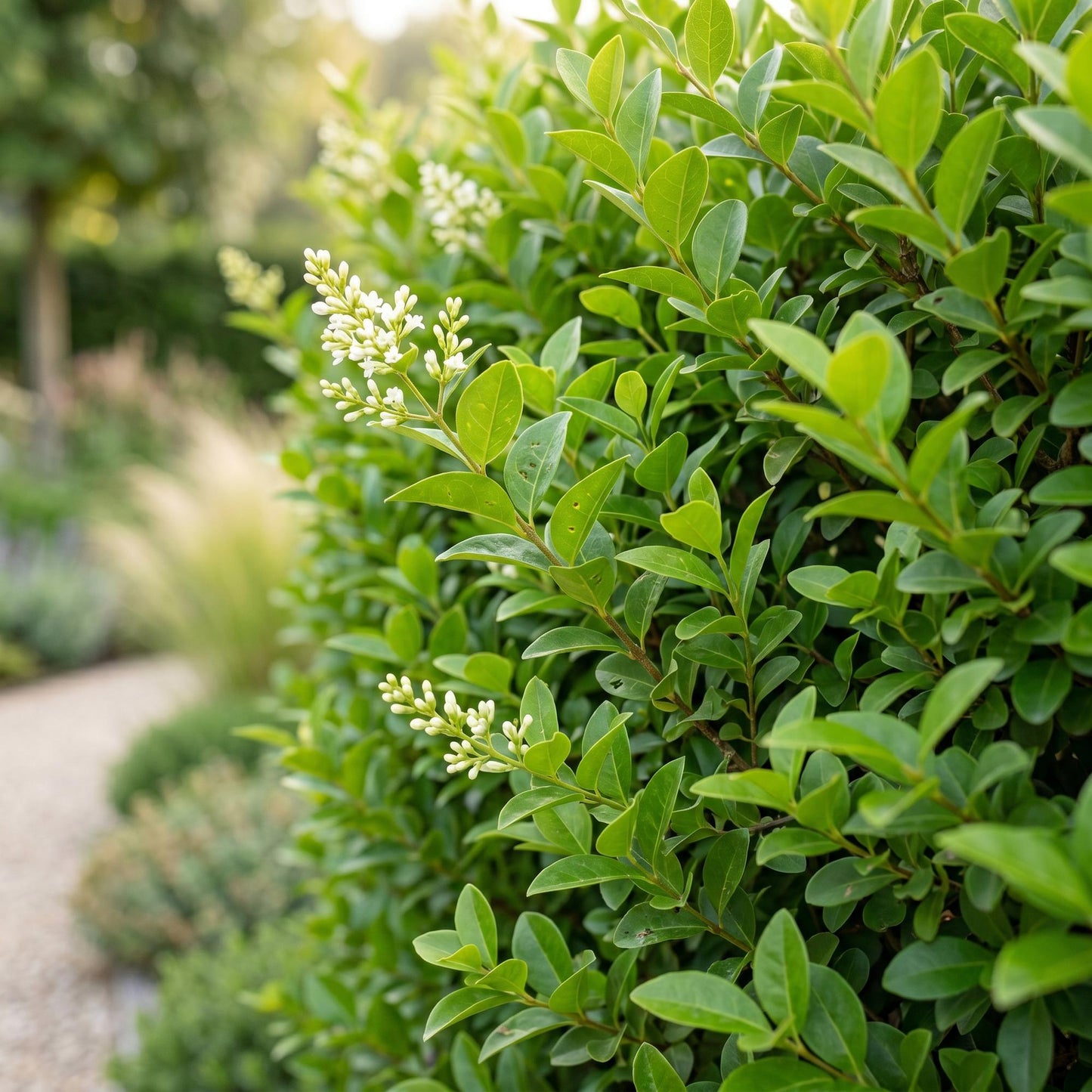 Ligustrum ovalifolium en gros plan, montrant ses feuilles vertes brillantes et ses petites fleurs blanches délicates en formation.