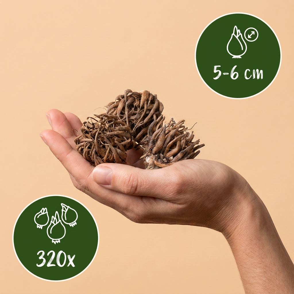 Renoncule des fleuristes en mélange, lot de 320 bulbes calibre 5/6, sur fond blanc.