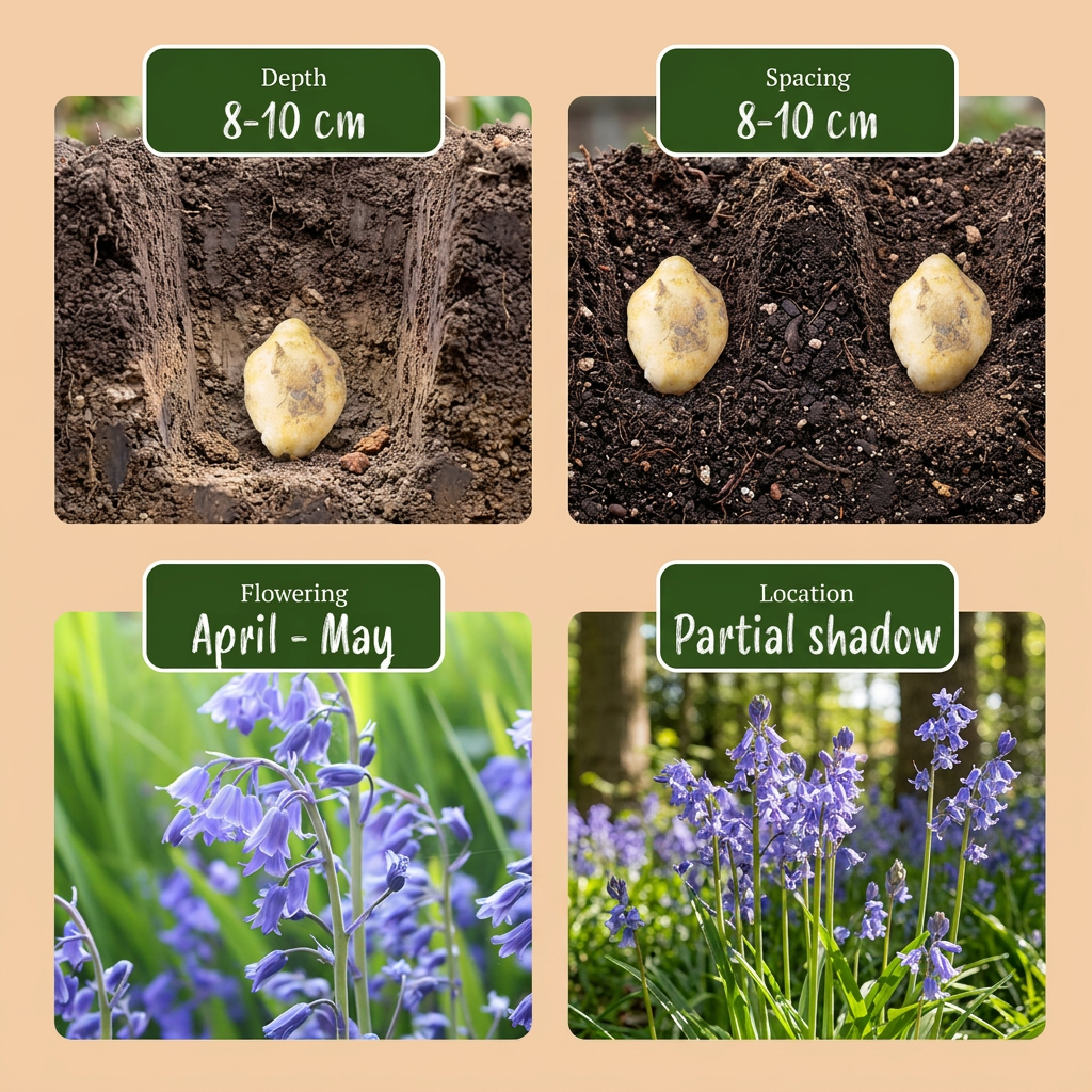 Guide de plantation des bulbes de Jacinthe des bois, profondeur, espacement, floraison et emplacement.