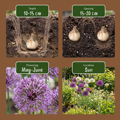 Guide de plantation des bulbes d'Ail d'ornement avec détails sur la profondeur, l'espacement, la floraison et l'emplacement.