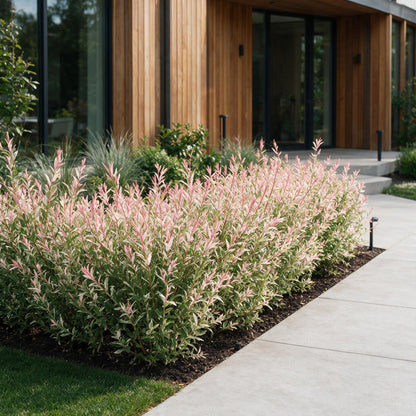 Salix Flamingo : haie de saules crevette aux feuilles roses et blanches devant une maison moderne, ajoutant une touche de couleur au jardin.