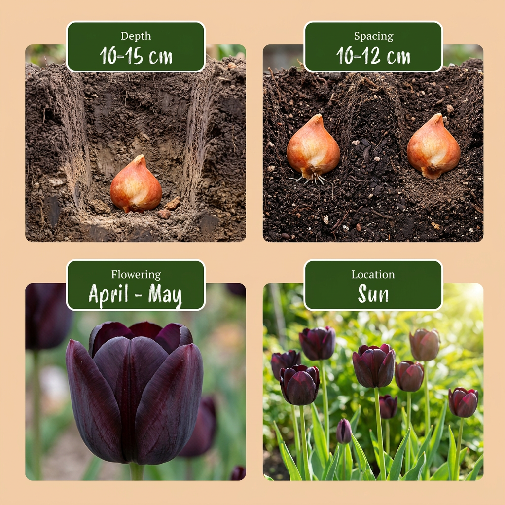 Guide de plantation des bulbes de Tulipe noire, avec conseils de profondeur, espacement, floraison et exposition.