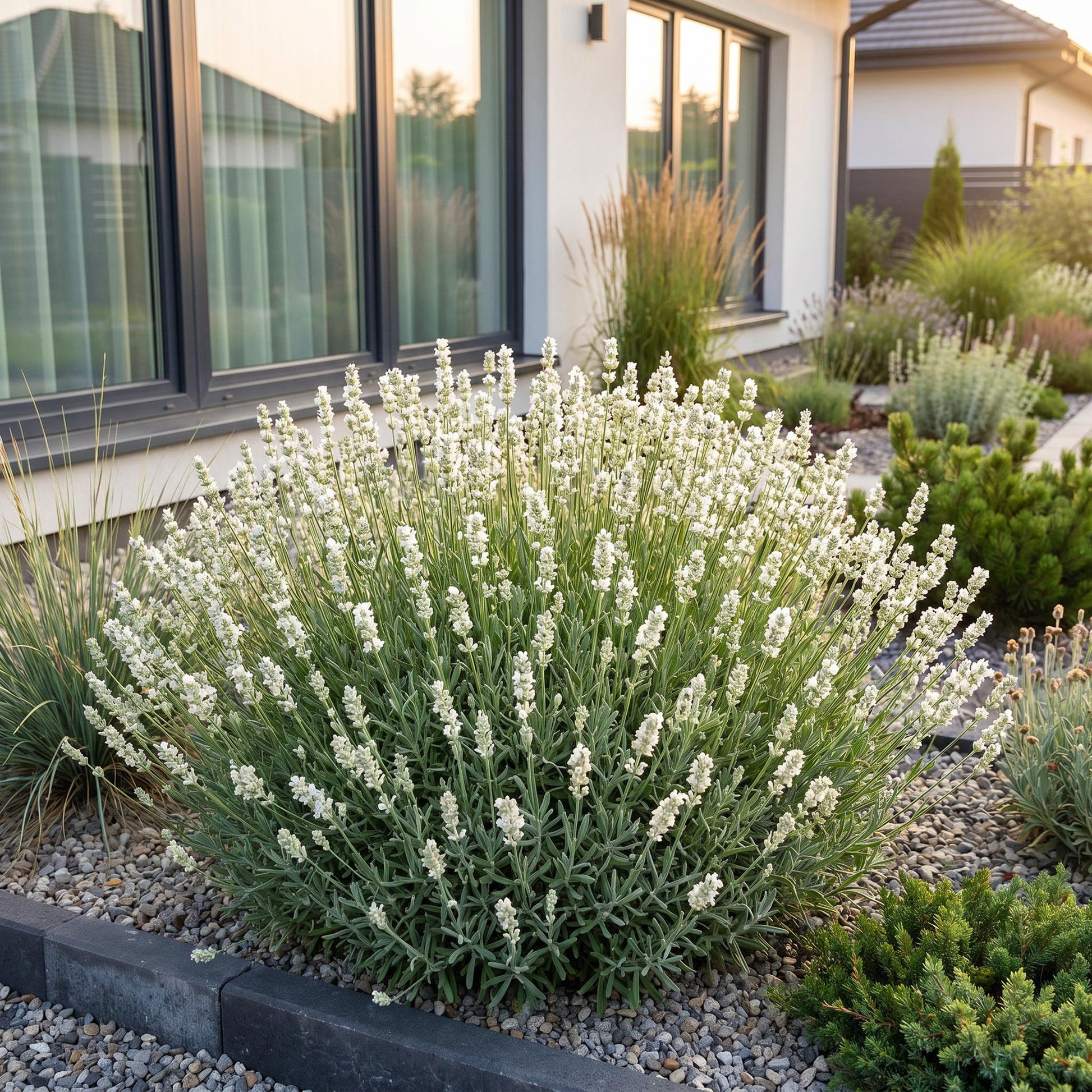 Lavandula ang. Hidcote. Lavande blanche en pleine floraison dans un aménagement paysager moderne devant une maison.