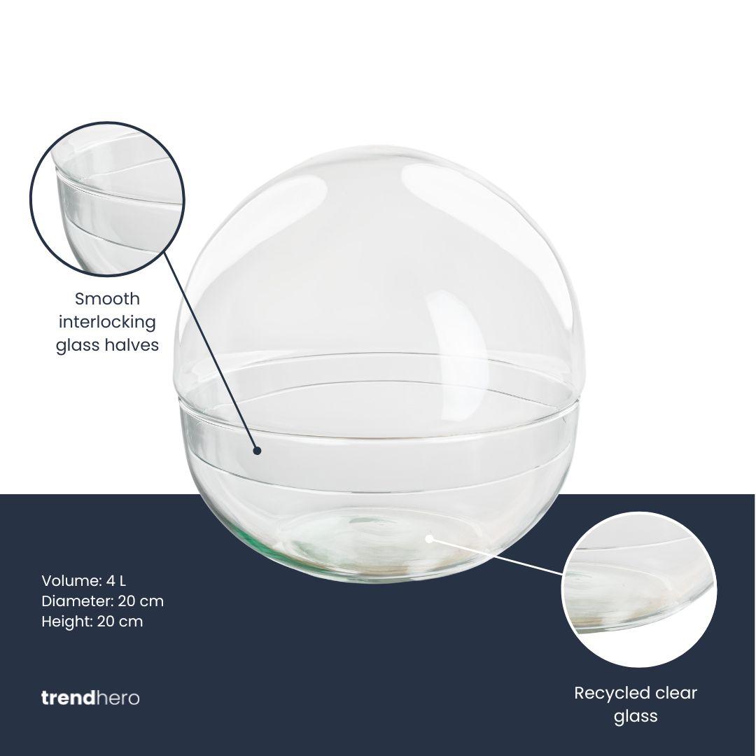 Terrarium sphère en verre recyclé en deux parties, bocal boule fermé 4 L ou 13,5 L