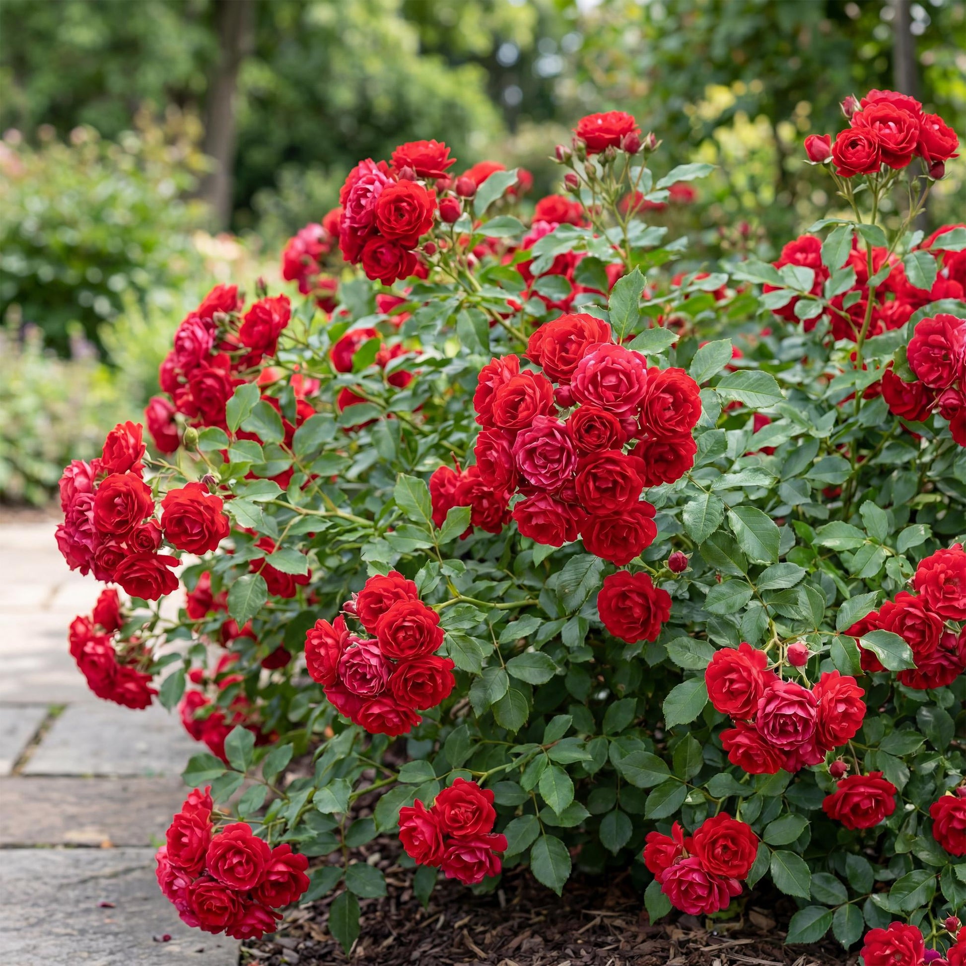 Rosier 'The Fairy' Rouge. Magnifique massif de rosiers buissons aux fleurs rouges éclatantes dans un jardin fleuri.