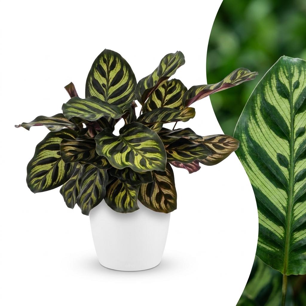 Une magnifique Calathea Makoyana, la plante paon, avec son feuillage luxuriant aux motifs vert foncé et vert clair, présentée dans un pot