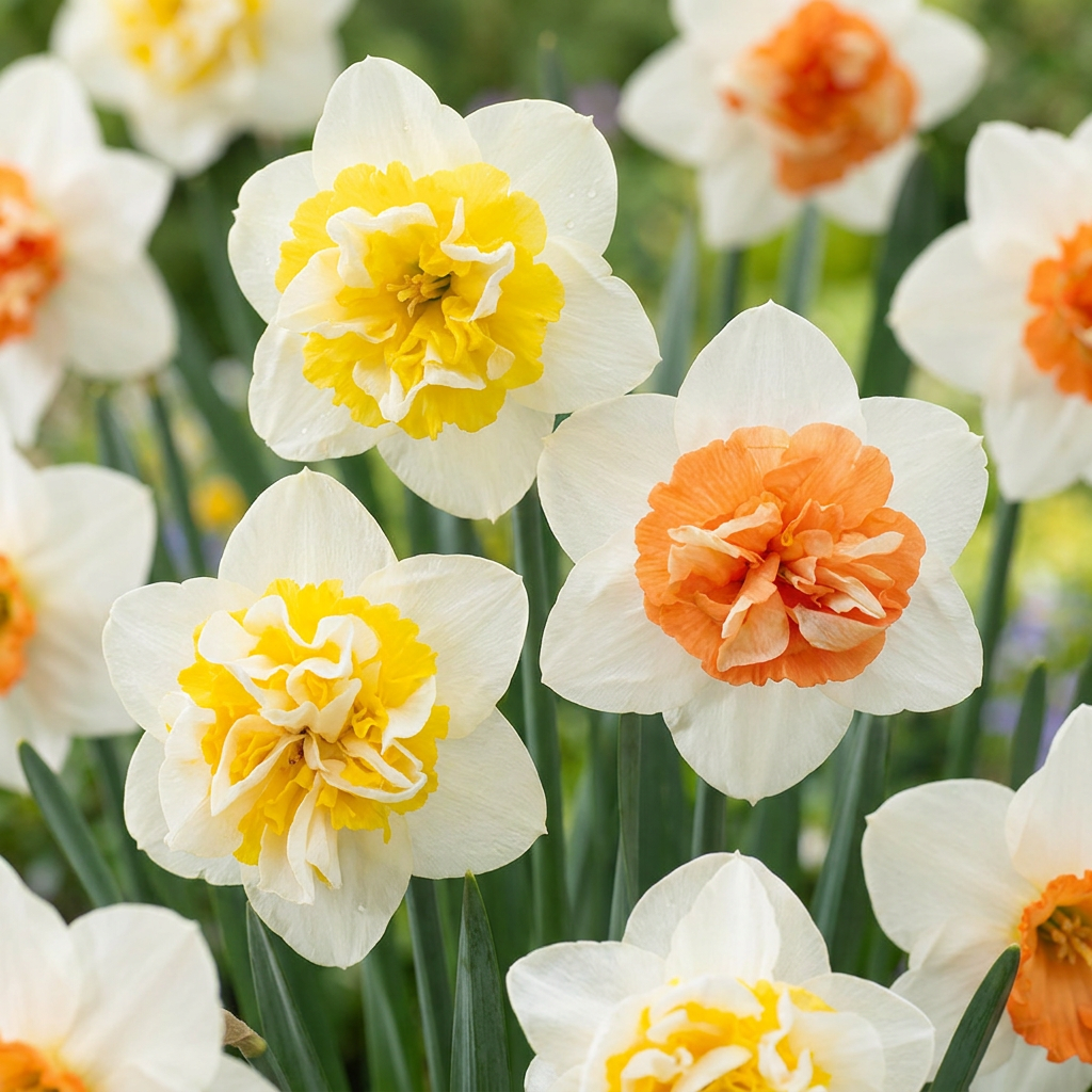 Plusieurs fleurs de narcisses 'Macaron Bloss' avec des cœurs jaunes ou oranges et des pétales blancs.