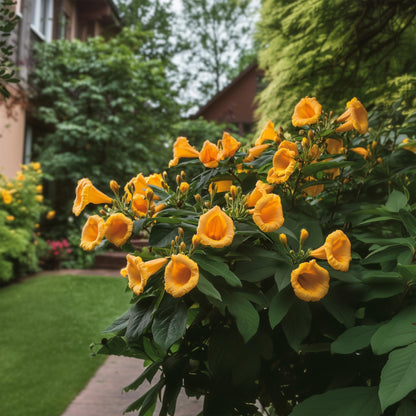 Campsis radicans Flave, gros plan sur ses fleurs jaunes en forme de trompette, épanouies dans un jardin luxuriant avec une allée et des bâti