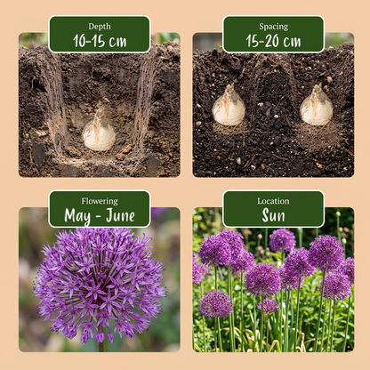 Guide de plantation des bulbes d'Ail d'ornement 'Purple Sensation' avec profondeur, espacement, floraison et exposition.