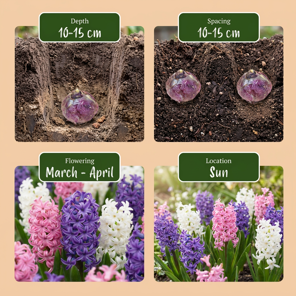 Guide de plantation des jacinthes avec profondeur, espacement, floraison et exposition.