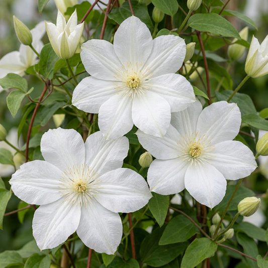 Clématite 'Huldine' (Clematis) - grimpante à grandes fleurs blanc nacré