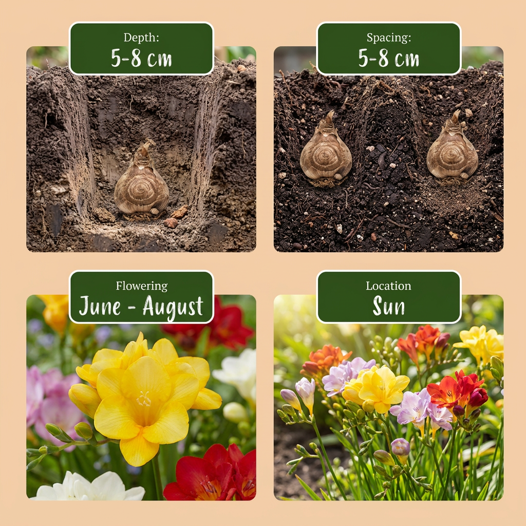 Guide de plantation des bulbes de Freesia Double en mélange avec profondeur, espacement, floraison et exposition.