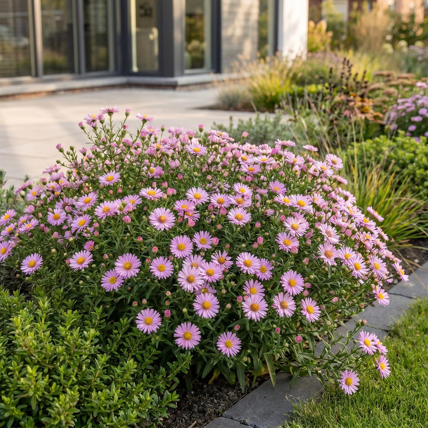 Aster Wood's Pink, une touffe florifère de petites fleurs roses aux cœurs jaunes, égaye un parterre de jardin près d'une terrasse moderne.