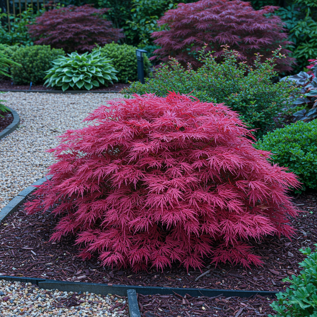 Érable japonais Acer palmatum Pink Dwarf. Un érable nain rose intense, mis en scène dans un jardin paysager avec un chemin en gravier.