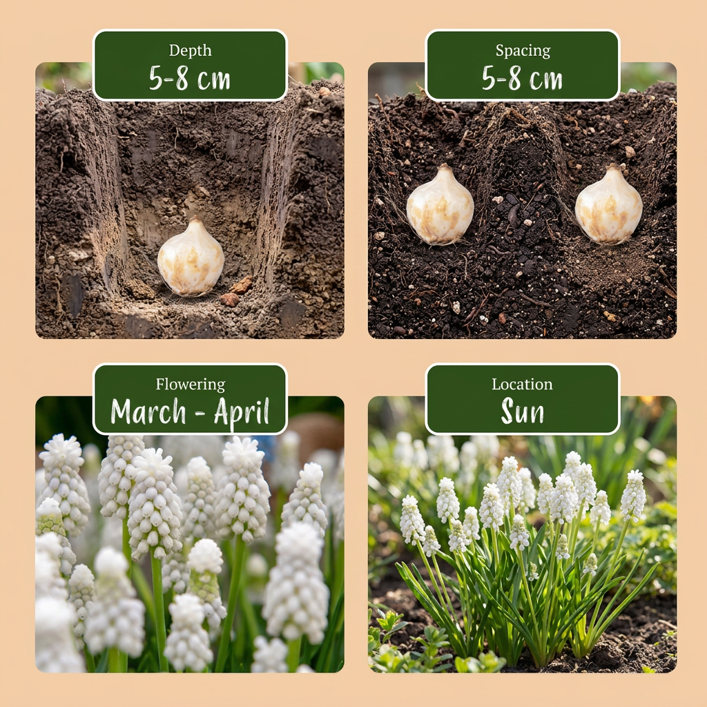 Guide de plantation des bulbes de Muscari 'White Magic' (profondeur, espacement, floraison, exposition).
