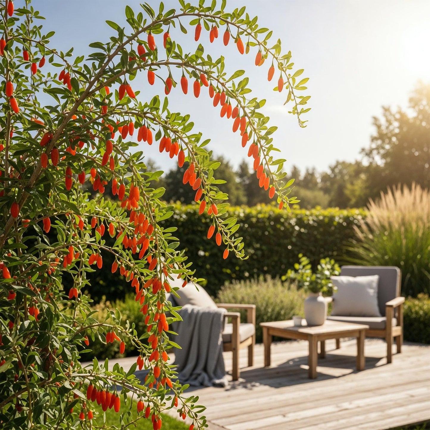 Baie de Goji. Rameaux de Baie de Goji remplis de baies orange vif, avec une terrasse en bois et mobilier de jardin flous en arrière-plan.