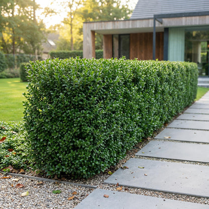 Ilex crenata Golden Gem, une haie verdoyante d'Ilex crenata délimitant un sentier de dalles, avec une maison moderne en arrière-plan.