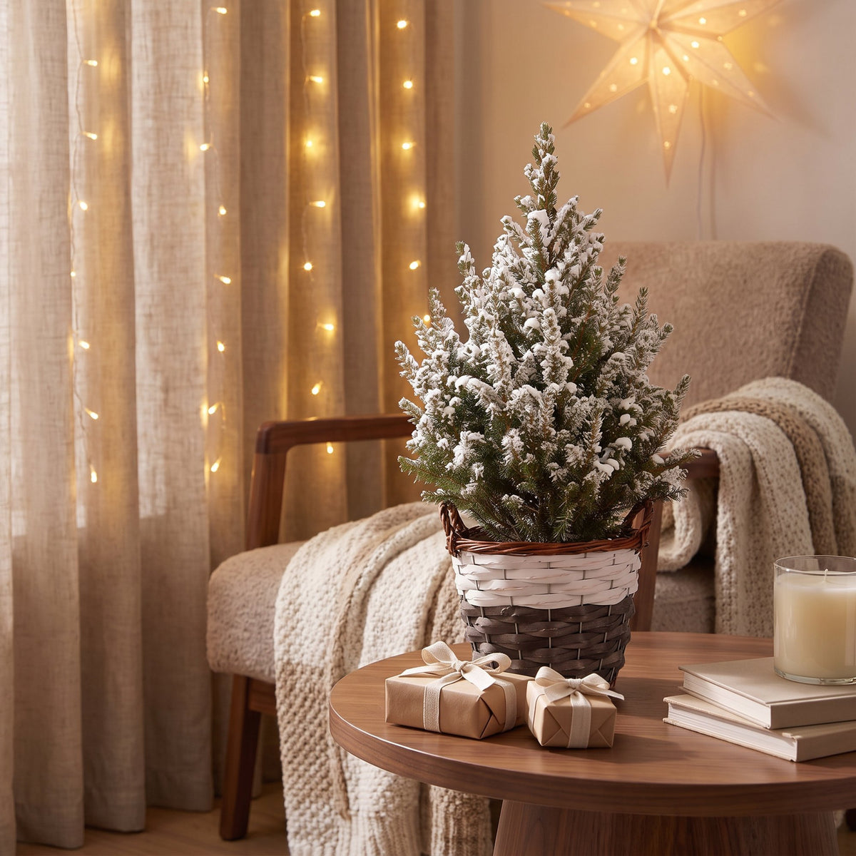 Épicéa 'Conica' enneigé en panier, décor de Noël