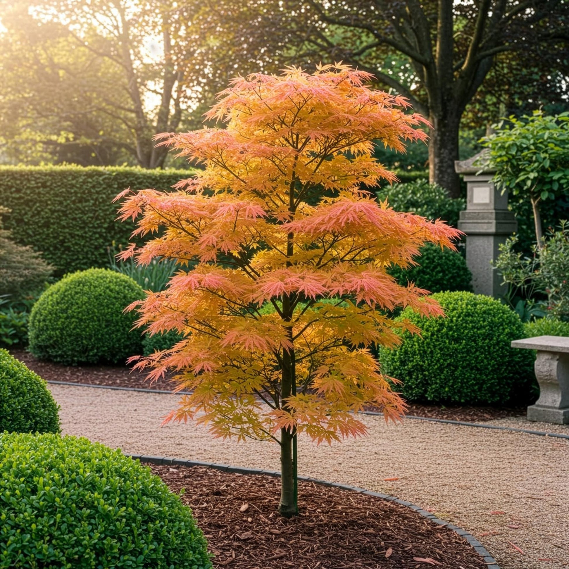 Acer palmatum Katsura orange, un érable du Japon, planté dans un jardin avec un chemin de gravier et des buissons taillés.