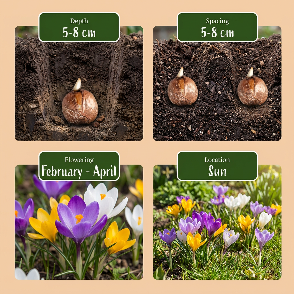 Guide de plantation des bulbes de crocus botaniques en mélange : profondeur, espacement, floraison et exposition.