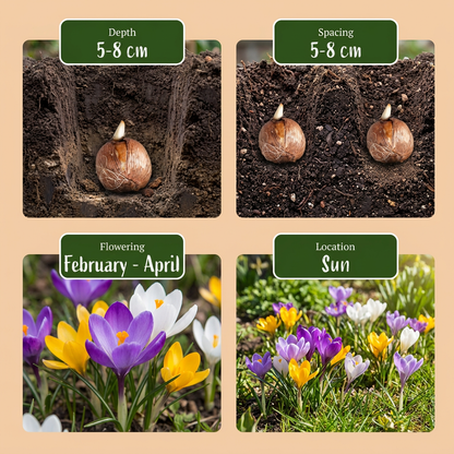 Guide de plantation des bulbes de crocus botaniques en mélange : profondeur, espacement, floraison et exposition.